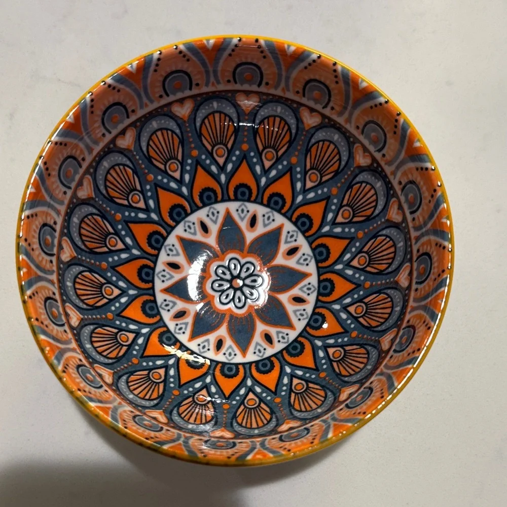 Hand-Painted Mandala Ceramic Bowls - Set with Red, Blue & Orange Designs 3 Bowls - Picture 3 of 6